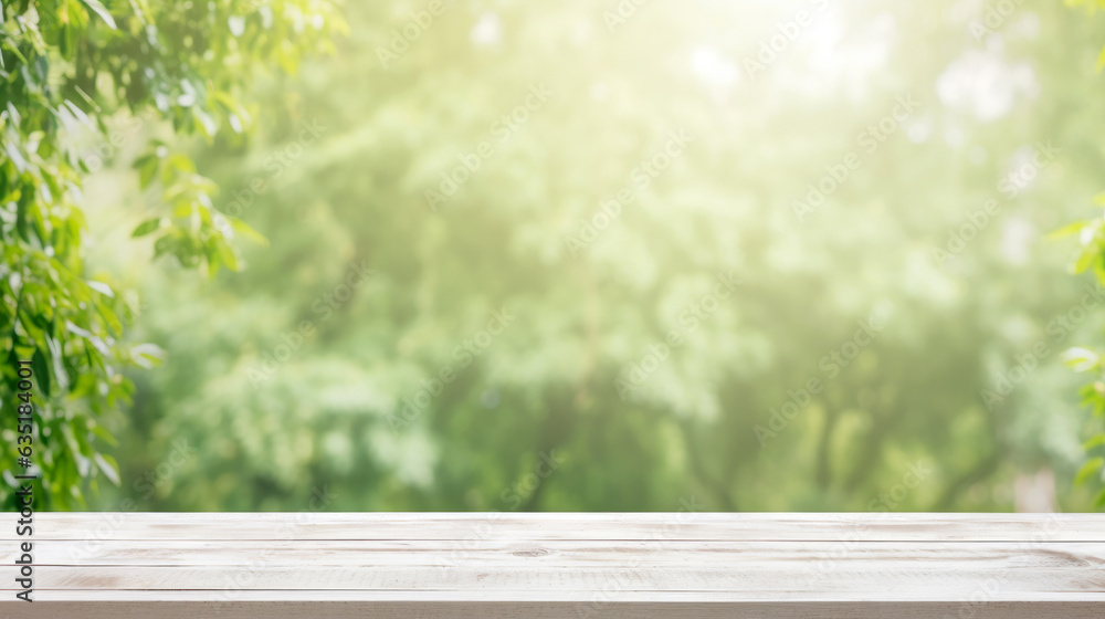 Poster empty white wooden table with the serene backdrop of trees a vibrant green forest blurred background