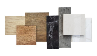 combination of interior material samples including wooden ceramic floor tiles, luxury marble...