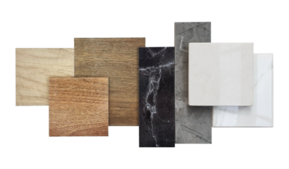 combination of interior material samples including wooden ceramic floor tiles, luxury marble stones, elegance artificial stone tiles isolated on background with clipping path. mood and tone board.