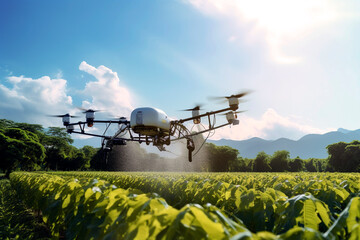 Generative Ai illustration of Drone flying and spraying crop fields with ecological and sustainable pesticides