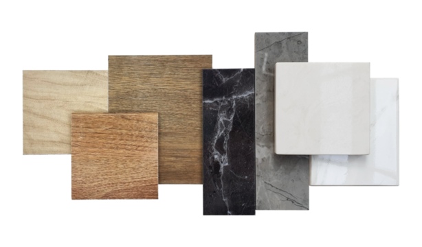 combination of interior material samples including wooden ceramic floor tiles, luxury marble stones, elegance artificial stone tiles isolated on background with clipping path. mood and tone board.