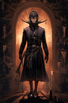 Anime Male, dark purple robe, hooded, green eyes, dark red hair, digital illustration - Generative Ai