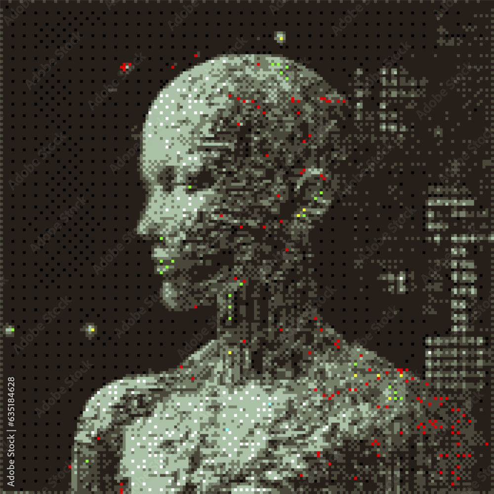 Poster 3d pixelated face of a robotic human head. vector 8-bit style illustration.