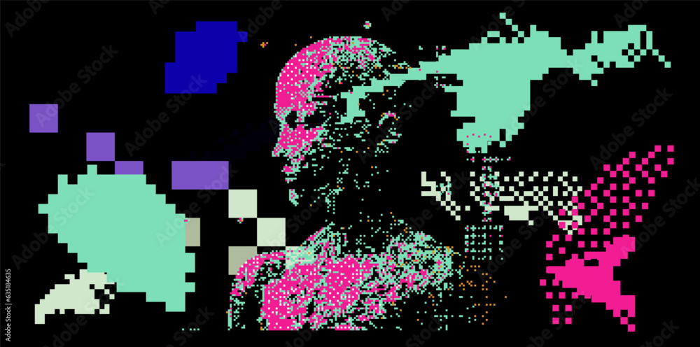 Poster 3d pixelated face of a robotic human head. vector 8-bit style illustration.