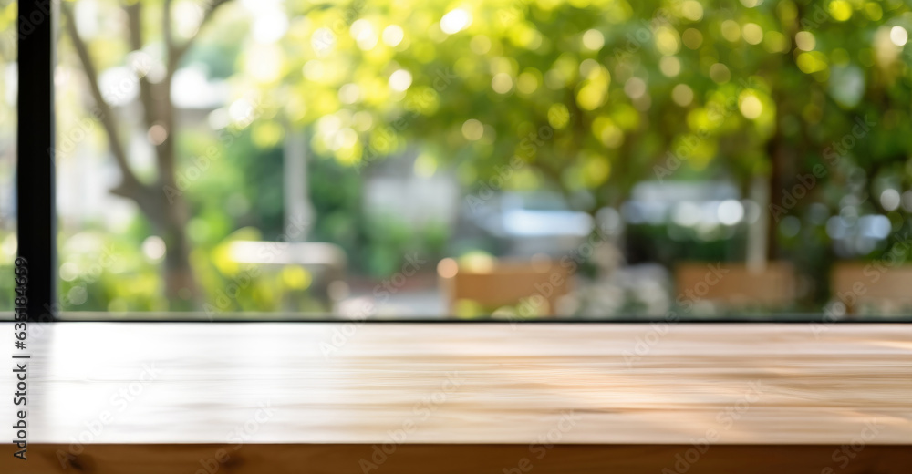 Poster empty wooden table is set with simple tableware and blurred large windows, a majestic tree natural b