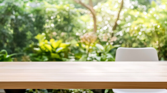 Wooden table stands complemented by a white chair with blurred garden background. High quality photo