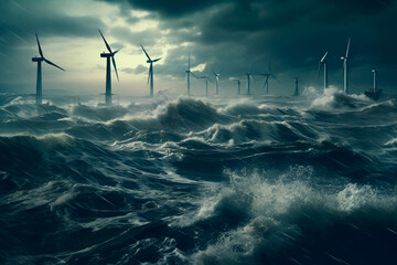 Wind turbines on a stormy sea. Storm at sea - obrazy, fototapety, plakaty