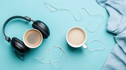 Music background with podcast word on lightbox headphones and cup of coffee on blue table. Generative Ai