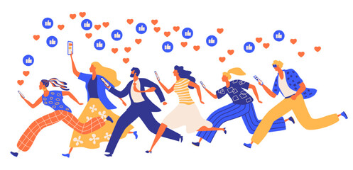 Group of people running with phones in their hands. Concept of the influence of social networks. Influencer marketing social media concept