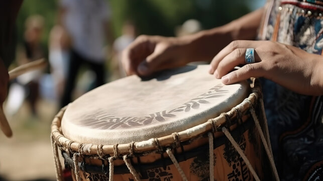 A close up view on the hands of a drummer playing a traditional handcrafted native drum. Generative Ai