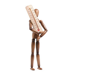 Wooden mannequin holds street thermometer white background.