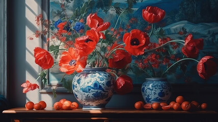 Obraz na płótnie Canvas A bold oil painting of poppies in red and blue, Tropical leaves pattern. Generative Ai