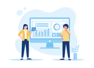 Manager explaining business analysis on screen concept flat illustration
