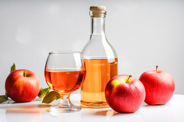 Seasonal drink cider from ripe apples, apple wine in small glasses and bottles on kitchen table