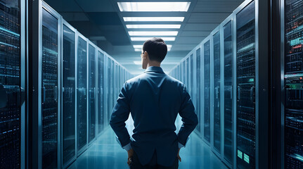 Fototapeta premium IT Engineer in big database server center office. Big cloud data center computer networking server room with racks of hardware. High Speed Data Transfer, Server Transfer, Technology. Generative AI 