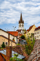  Sibiu, Romania - Landscape with the Lutheran Evangelical Cathedral of Saint Mary, the most famous Gothic-style church in Sibiu that was built in the 14th century.