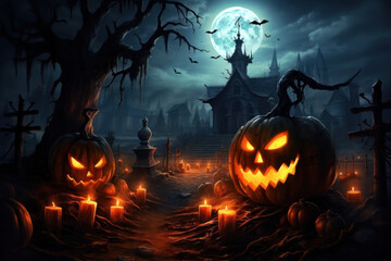 Spooky Halloween Night: Glowing Pumpkins, Mansion, and Bats Illustration Generative AI