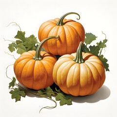 pumpkin watercolor set. Hand drawn illustration. Ripe orange, green, yellow pumpkins elements. Farm organic autumn vegetables. White background, AI generated