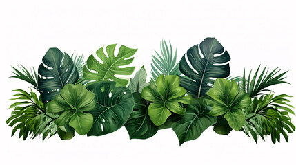 Tropic leaves foliage flora, jungle shrub, and floral setup, nature backdrop featuring Monstera and tropical palm plants. Isolated on a white background