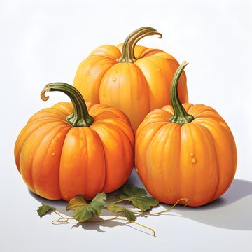 pumpkin watercolor set. Hand drawn illustration. Ripe orange, green, yellow pumpkins elements. Farm organic autumn vegetables. White background, AI generated