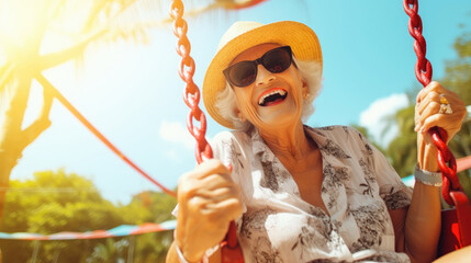 Funny and smiling elderly woman of about 90 has fun on the swing, radiating joy and happiness. Generative AI