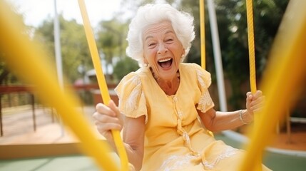 Funny and smiling elderly woman of about 90 has fun on the swing, radiating joy and happiness. Generative AI