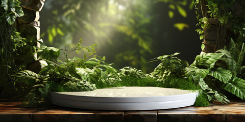 White stone podium, cosmetic display product stand with water reflection and nature leaves background. 3D rendering