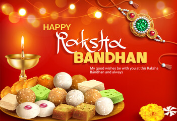 Obraz na płótnie Canvas Greeting card with rakhi (bracelet) and traditional sweets (laddu, barfi) for Raksha Bandhan (Bond of protection and care) – Indian festival of sisters and brothers. Vector.