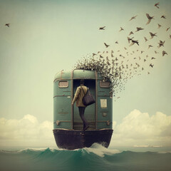 Last car escape emigration rescue metaphor with sea, birds and man
