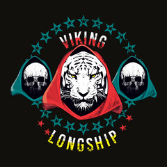 Viking longship. Design for tiger shirt and two hooded skulls surrounded by stars. Vector illustration in fantastic and medieval style.