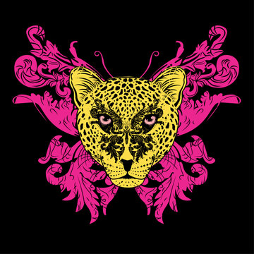 leopard face and pink butterfly design for t-shirt on a black background.