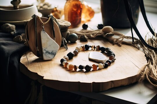 Crystals for protection: powerful crystal jewellery necklaces. Crystal mindfulness technique therapy. Many Healing Chakra Crystals Gemstones necklaces at home table