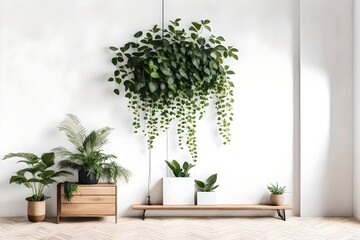 White wall mockup, plant and wood floor 