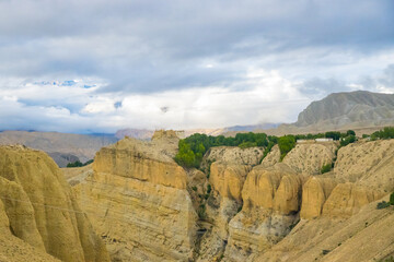 Beautiful Tsarang aka Charang Village desert Landscape  in Upper Mustang of Himalayas in Nepal