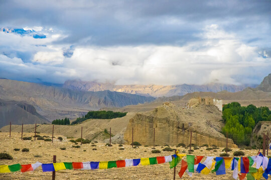 Beautiful Tsarang aka Charang Village desert Landscape  in Upper Mustang of Himalayas in Nepal