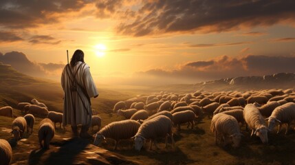 Jesus shepherding the sheep in evening sky