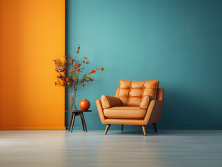 Interior colorful yellow armchair furniture on empty wall mid century living room decoration design
