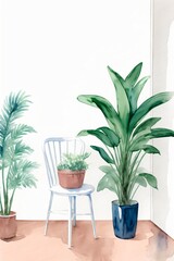 A Painting Of A Chair And A Potted Plant