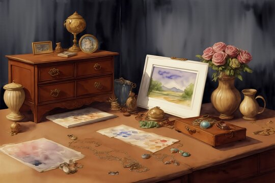 A Painting Sitting On Top Of A Table Next To A Dresser