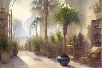 Fototapeta premium A Painting Of A Room Filled With Potted Plants