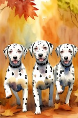A Group Of Three Dalmatian Dogs Sitting Next To Each Other