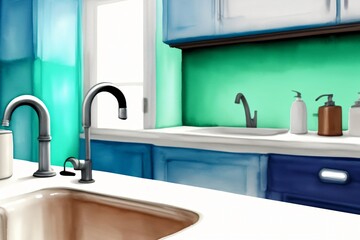 A Painting Of A Kitchen With Blue Cabinets And A Sink