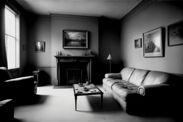 A Black And White Photo Of A Living Room