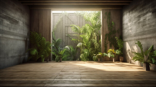 Room with concrete walls, green plants and bench, minimalistic style. beautiful mockup