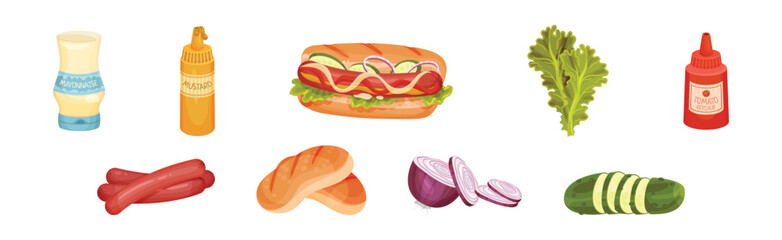 Hot Dog Sandwich Ingredients with Sausage, Bun, Cucumber and Onion Vector Set