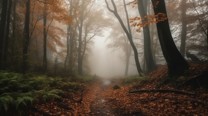 Morning fog in the autumn forest. Autumn forest path. Orange color tree, red brown maple leaves fall
