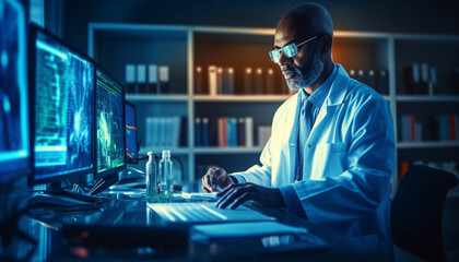 Doctor using technology document management on computer system