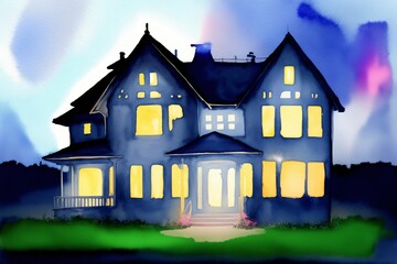A Painting Of A House At Night With The Lights On