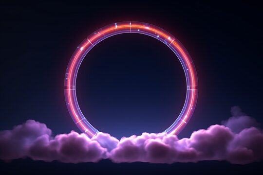 Stunning 3D Render Showcasing An Abstract Cloud, Mystically Illuminated By A Neon Light Ring Against A Dark Night Sky. A Luminous Round Frame Creating An Otherworldly Vision.