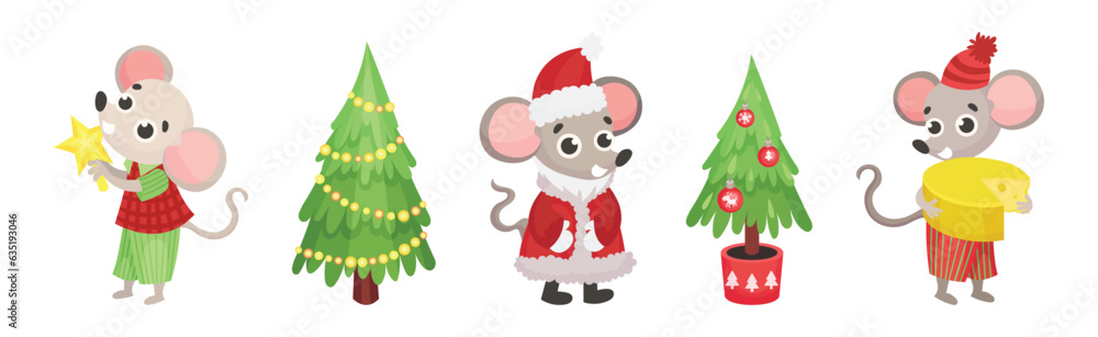 Poster christmas objects with decorated fir tree and mouse vector set